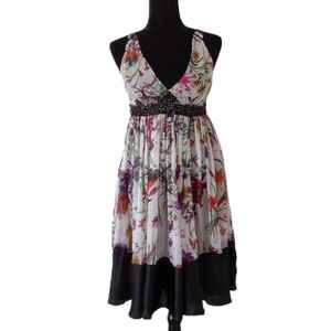 Zara 100% Silk Women's Empire Floral V-Neck Beaded Fully Lined Dress Size Small